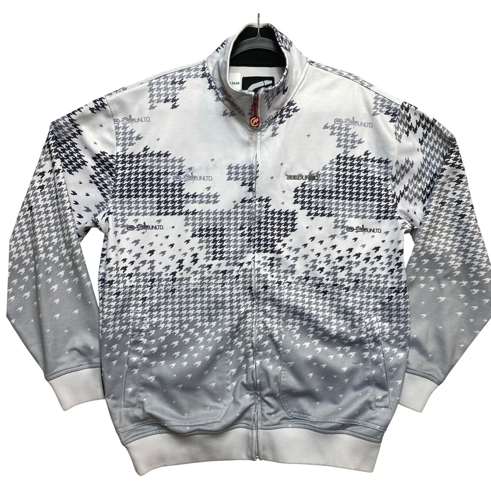 Ecko Unltd Track Jacket Mens Large White Grey Houndstooth Y2K Rhino Logo Zip